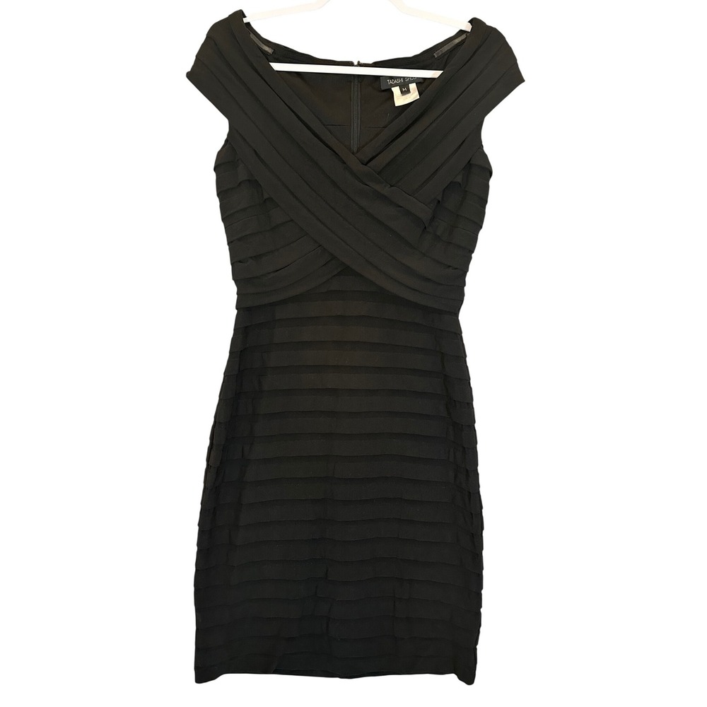 Tadashi Shoji Black Shutter Pleat Bandage Dress Sz M Cap Sleeve Cocktail Bodycon